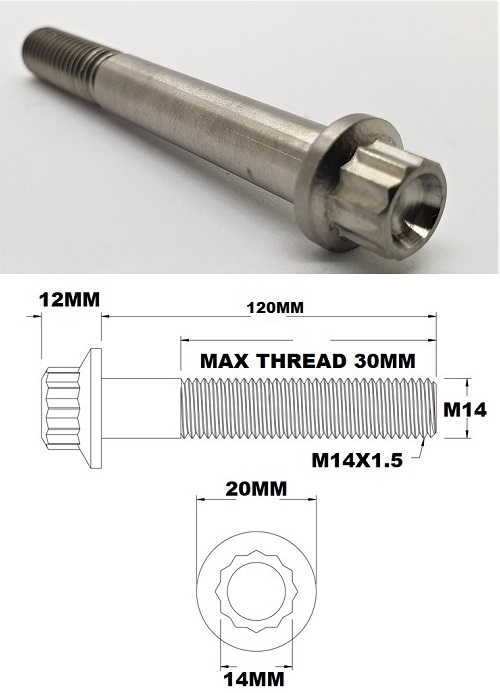 M14X120MM 1.5 THREAD PITCH TITANIUM 12 POINT FLANGE BOLT GRADE 5