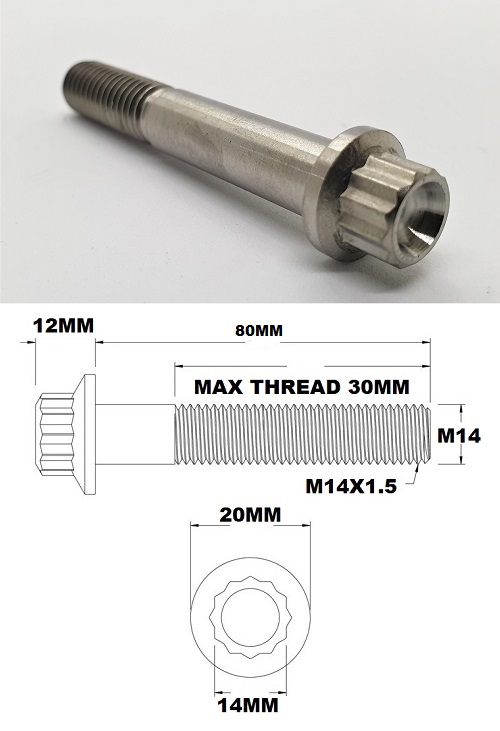 M14X80MM 1.5 THREAD PITCH TITANIUM 12 POINT FLANGE BOLT GRADE 5