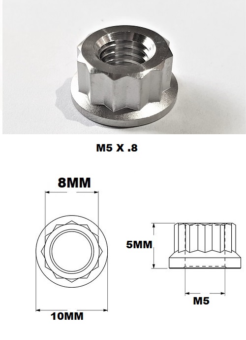 M5 NUT 5X.8 THREAD PITCH 12 POINT TITANIUM GRADE 5 10MM HEX