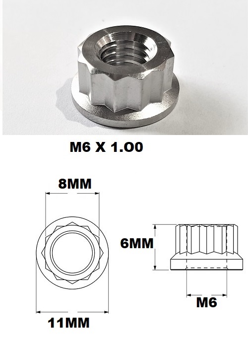 M6 SMALL NUT 6X1.0 THREAD PITCH 12 POINT TITANIUM GR5 8MM HEX