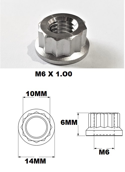 M6 NUT 6X1.0 THREAD PITCH 12 POINT TITANIUM GRADE 5 10MM HEX