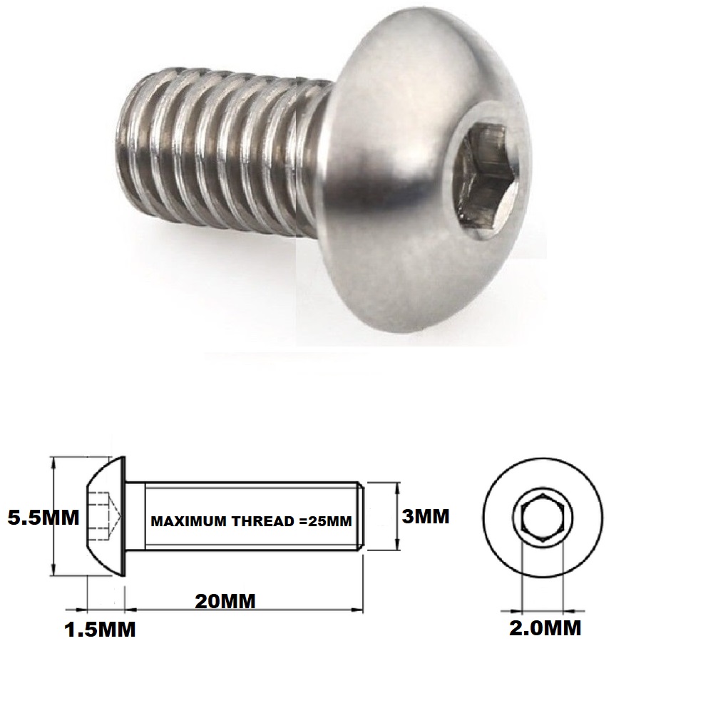 M3X20MM 0.5 THREAD PITCH TITANIUM BUTTON HEAD BOLT GRADE 5