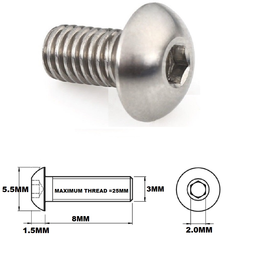 M3X8MM 0.5 THREAD PITCH TITANIUM BUTTON HEAD BOLT GRADE 5