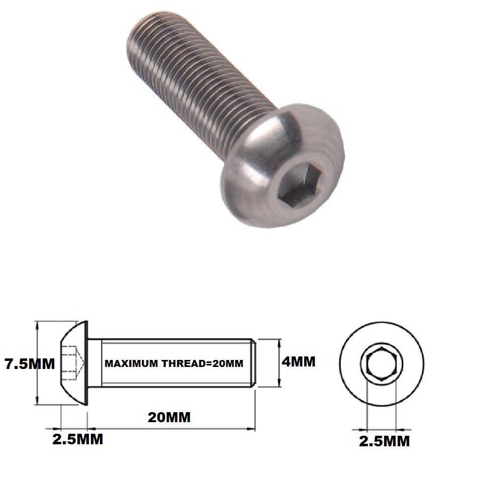 M4X20MM .7 THREAD PITCH TITANIUM BUTTON HEAD BOLT GRADE 5