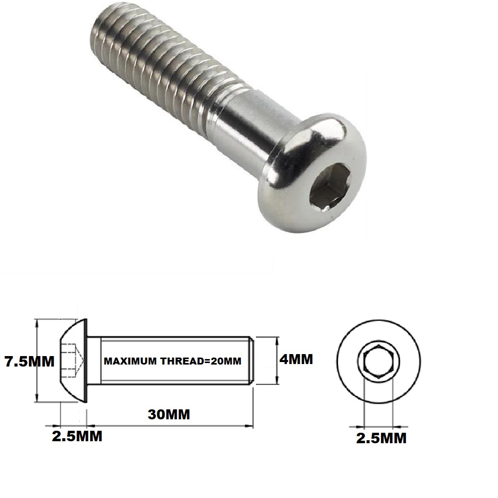 M4X30MM .7 THREAD PITCH TITANIUM BUTTON HEAD BOLT GRADE 5