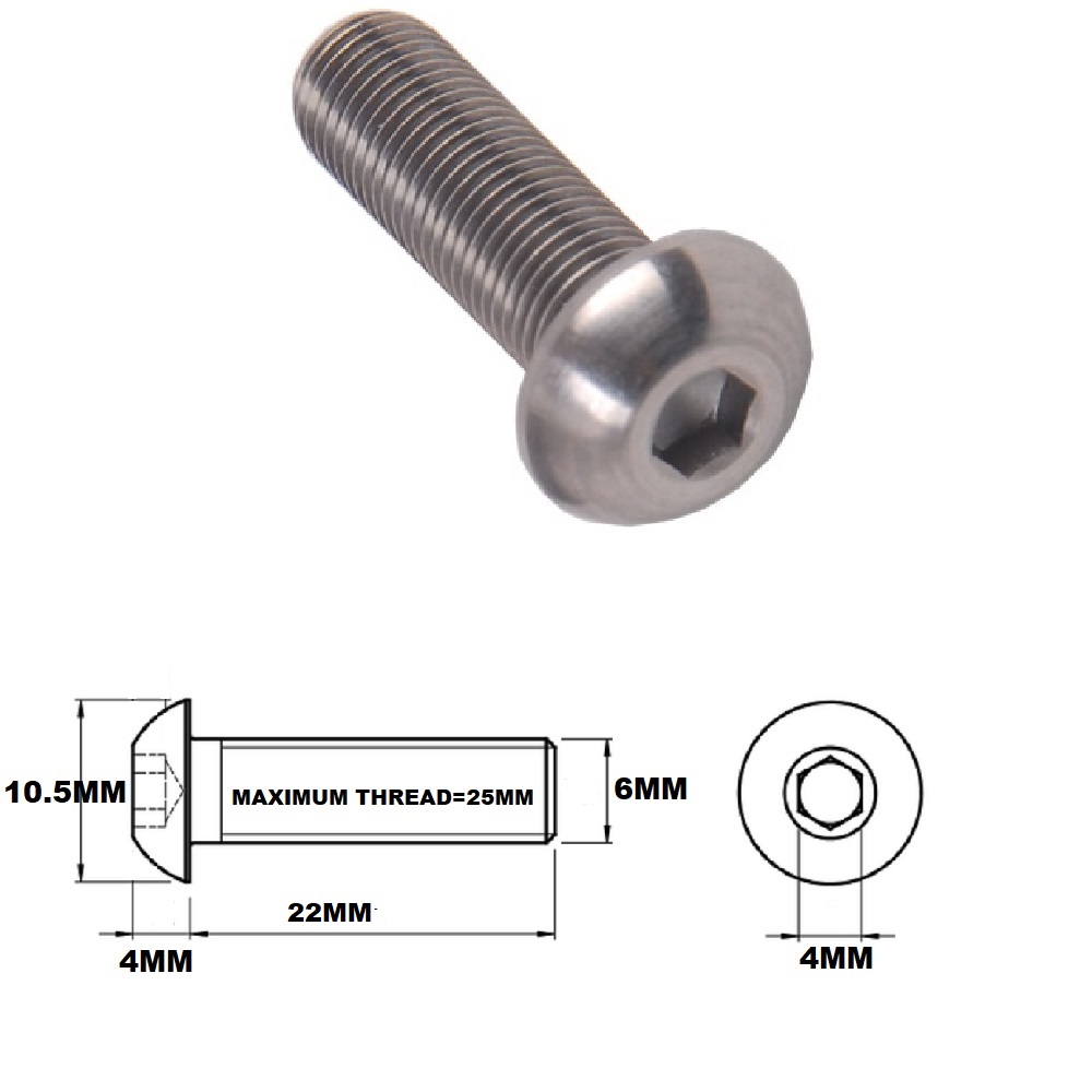 M6X20MM 1.00 THREAD PITCH TITANIUM BUTTON HEAD BOLT GRADE 5