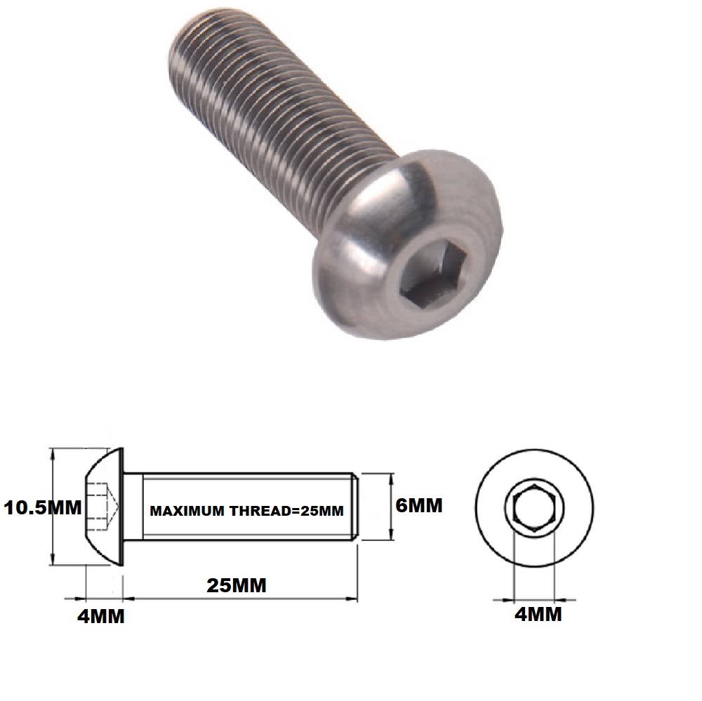 M6X25MM 1.00 THREAD PITCH TITANIUM BUTTON HEAD BOLT GRADE 5