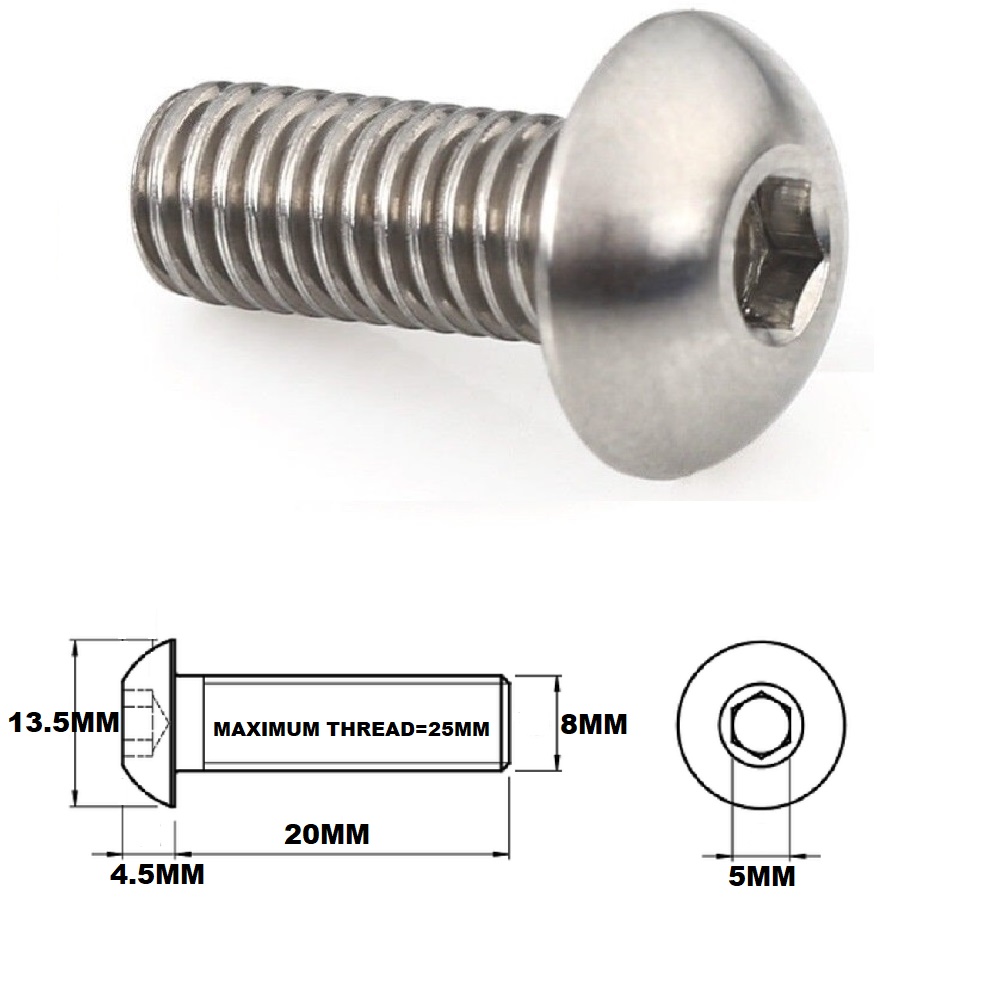 M8X20MM 1.25 THREAD PITCH TITANIUM BUTTON HEAD BOLT GRADE 5