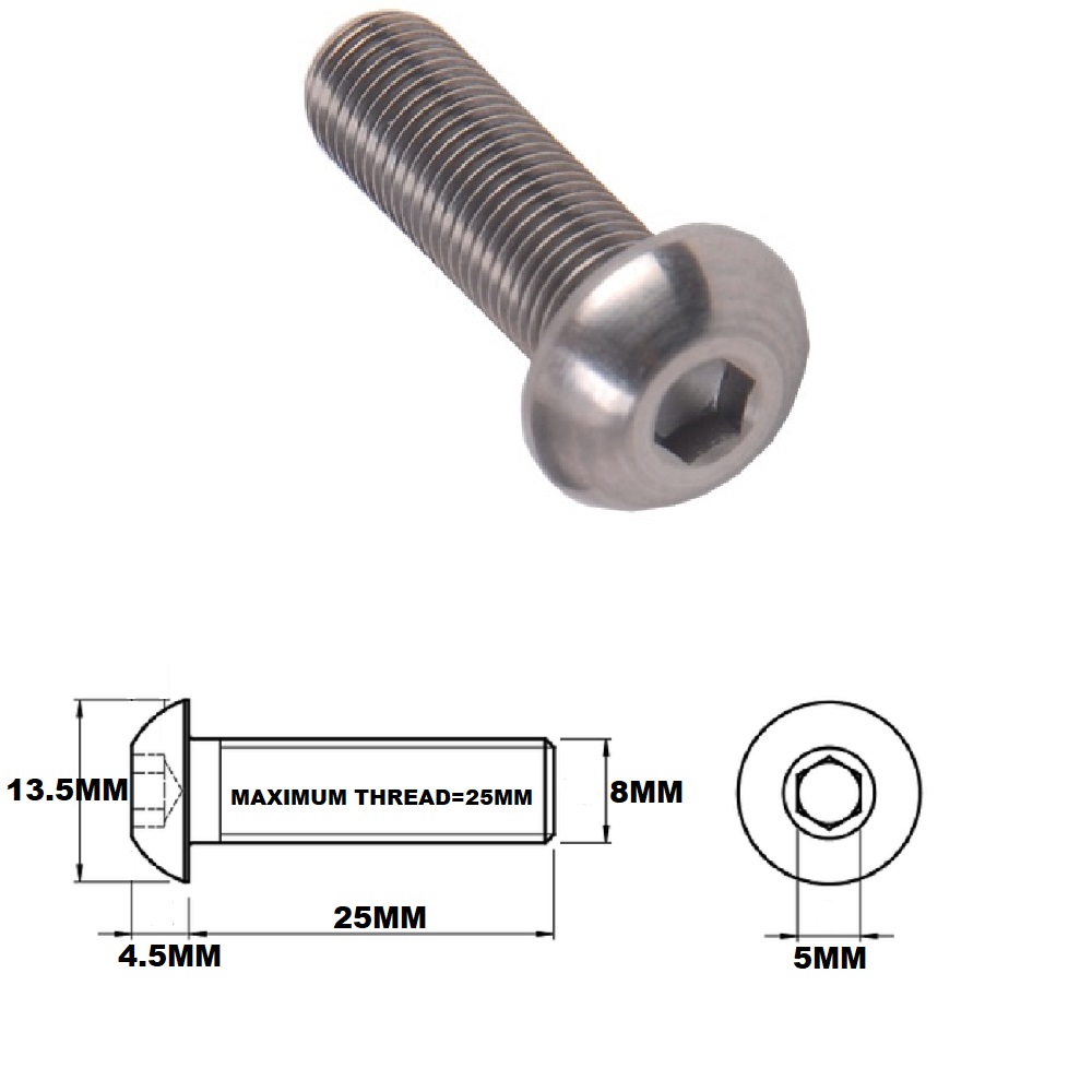 M8X25MM 1.25 THREAD PITCH TITANIUM BUTTON HEAD BOLT GRADE 5