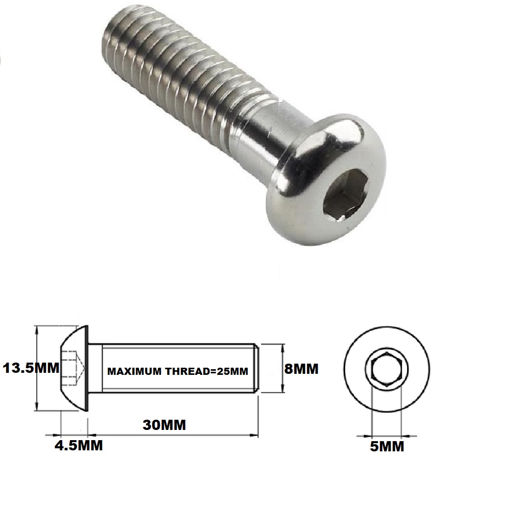 M8X30MM 1.25 THREAD PITCH TITANIUM BUTTON HEAD BOLT GRADE 5