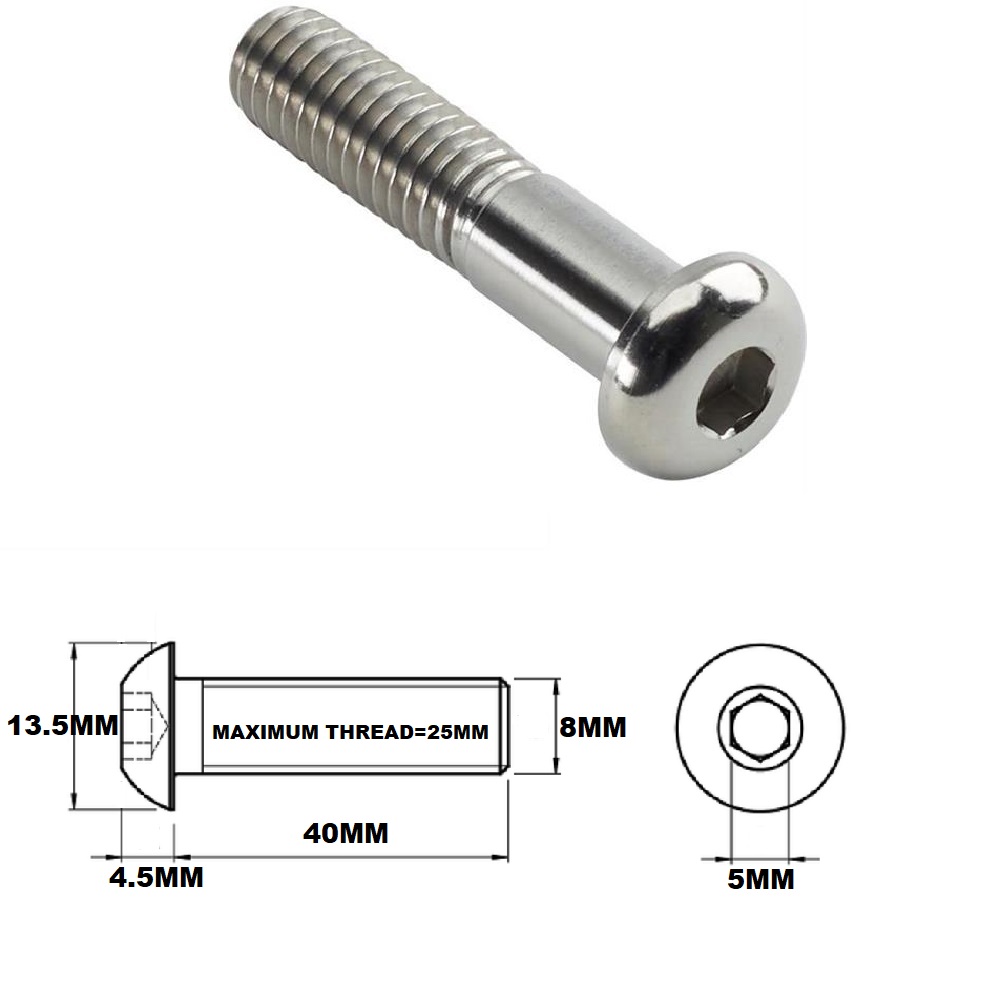 M8X40MM 1.25 THREAD PITCH TITANIUM BUTTON HEAD BOLT GRADE 5