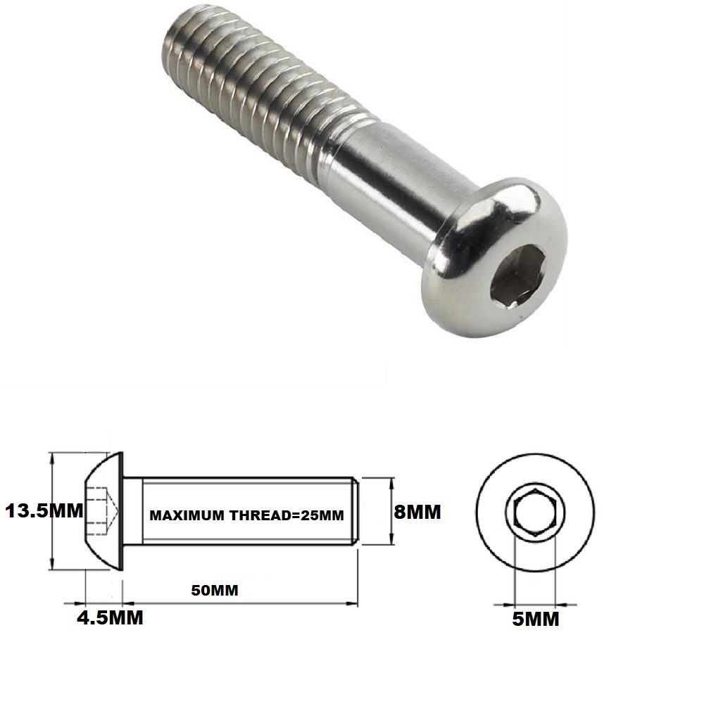 M8X50MM 1.25 THREAD PITCH TITANIUM BUTTON HEAD BOLT GRADE 5