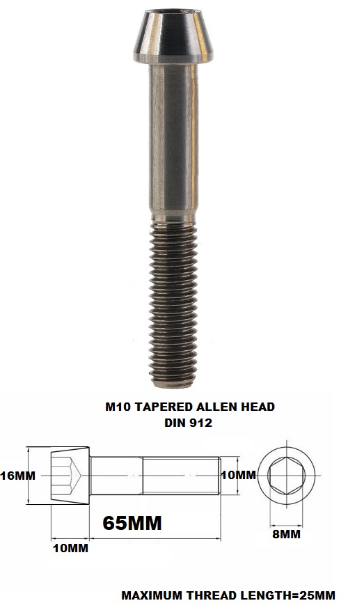 TITANIUM M10 X 65MM X 1.5 TAPERED ALLEN HEAD BOLT