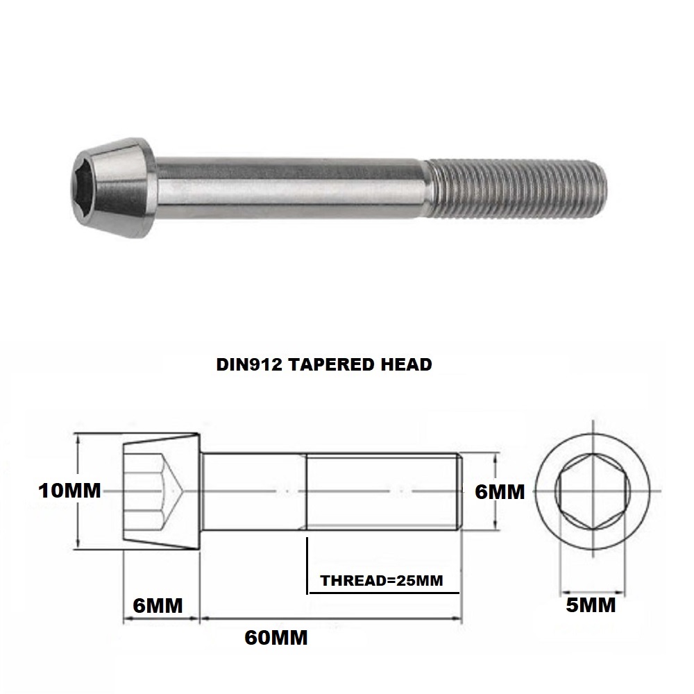 M6X60MM 1.00 THREAD PITCH TITANIUM TAPERED SOCKET HEAD BOLT