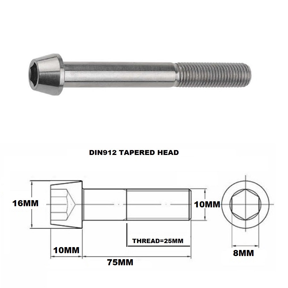 TITANIUM M10 X 75MM X 1.25 TAPERED ALLEN HEAD BOLT