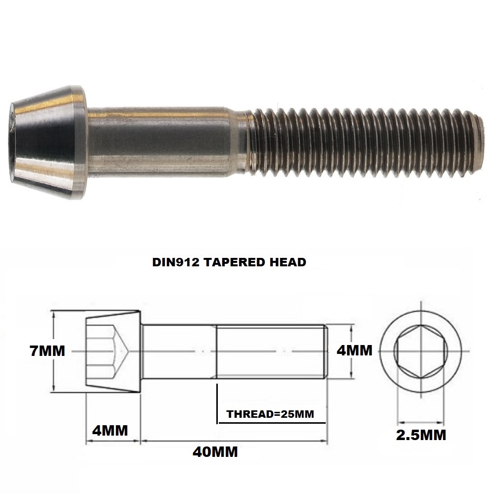 M4X40MM 0.7 THREAD PITCH TITANIUM TAPERED SOCKET HEAD BOLT