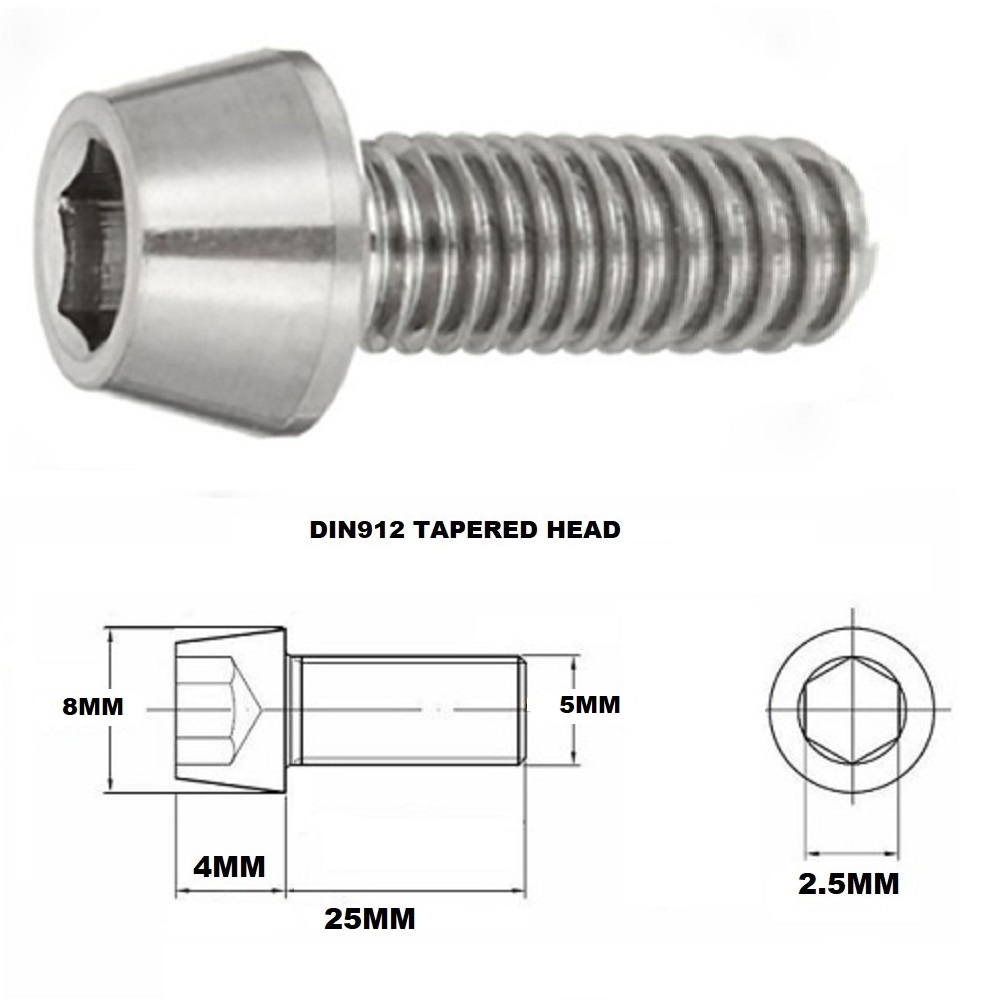 M5X25MM .8 THREAD PITCH TITANIUM TAPERED HEAD BOLT GRADE 5