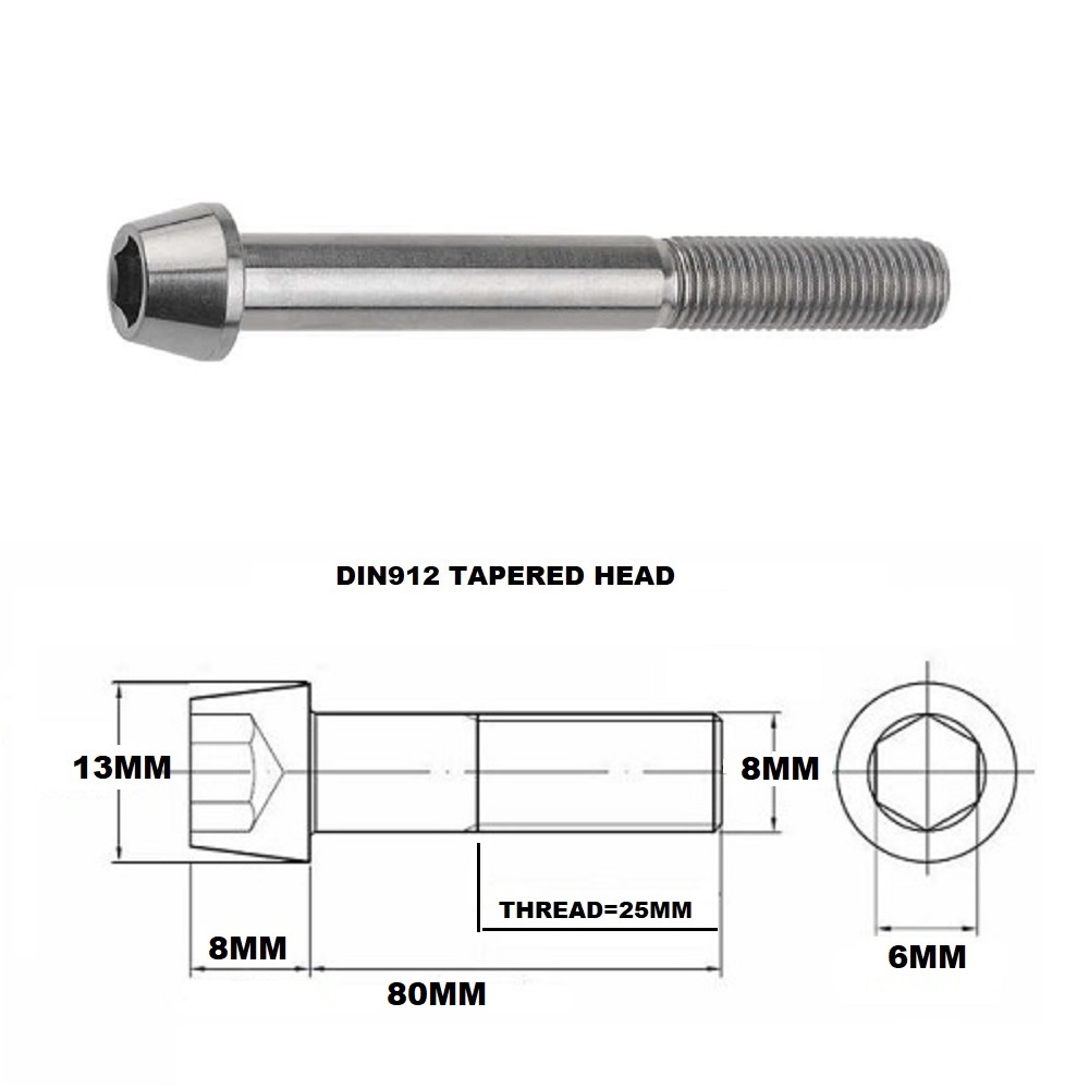 M8X80MM 1.25 THREAD PITCH TITANIUM TAPERED SOCKET HEAD BOLT