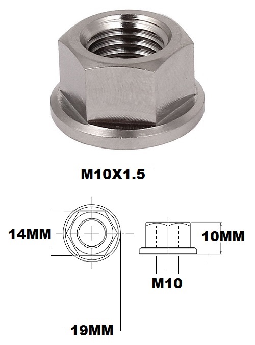 M10X1.5 THREAD PITCH TITANIUM FLANGED 14MM HEX NUT GRADE 5