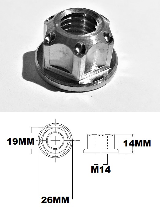 M14X1.5 THREAD TITANIUM FLANGED 19MM HEX FANCY NUT GRADE 5