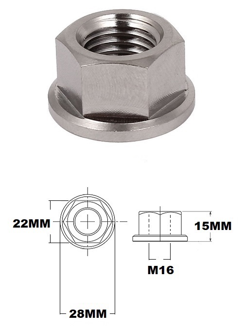 M16X1.5 THREAD PITCH TITANIUM FLANGED 22MM HEX NUT GRADE 5