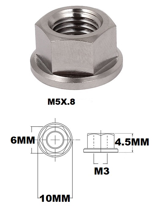 M3X0.5 THREAD PITCH TITANIUM FLANGED 6MM HEX NUT GRADE 5