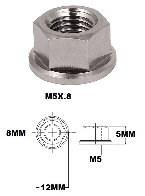 M5X0.8 THREAD PITCH TITANIUM FLANGED 8MM HEX NUT GRADE 5