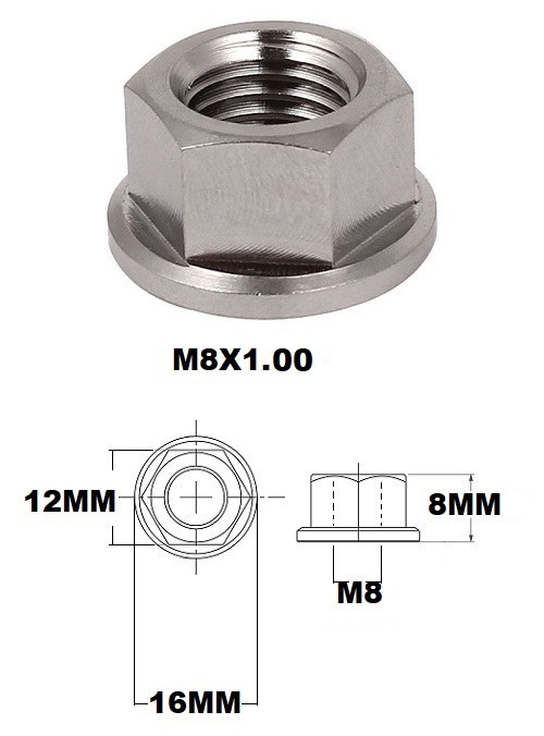 M8X1.00 THREAD PITCH TITANIUM FLANGED 12MM HEX NUT GRADE 5