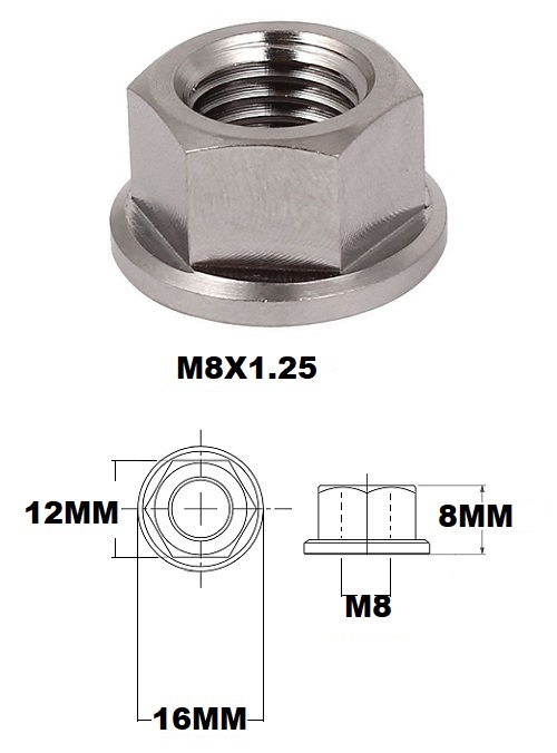 M8X1.25 THREAD PITCH TITANIUM FLANGED 12MM HEX NUT GRADE 5