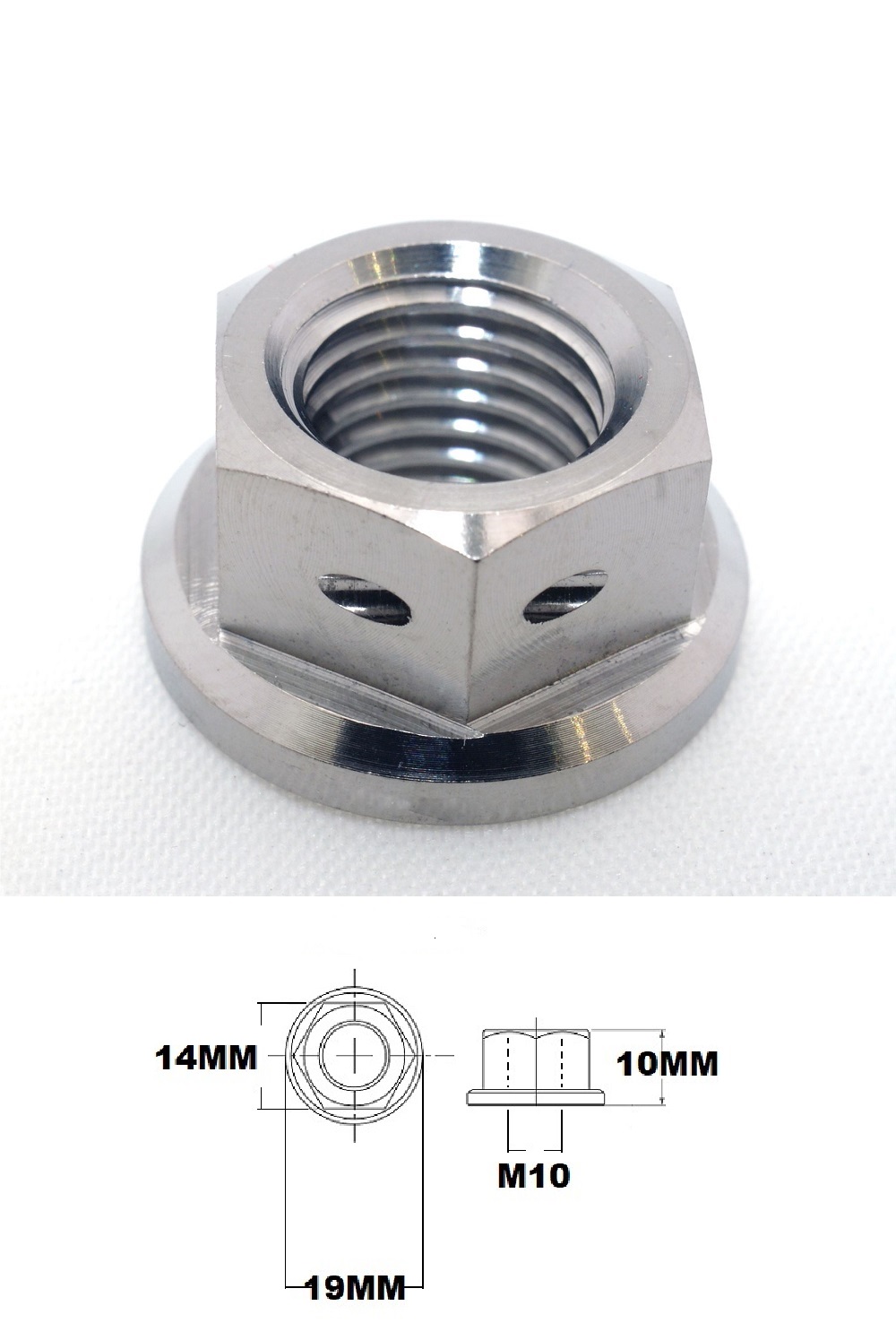 M10X1.5 TITANIUM FLANGE 14MM HEX NUT GR5 RACE DRILLED FOR WIRE