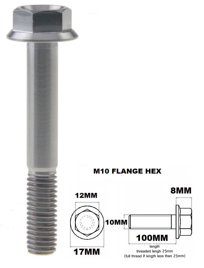 M10X100MM 1.25 THREAD PITCH TITANIUM FLANGE 12MM HEX BOLT GR 5