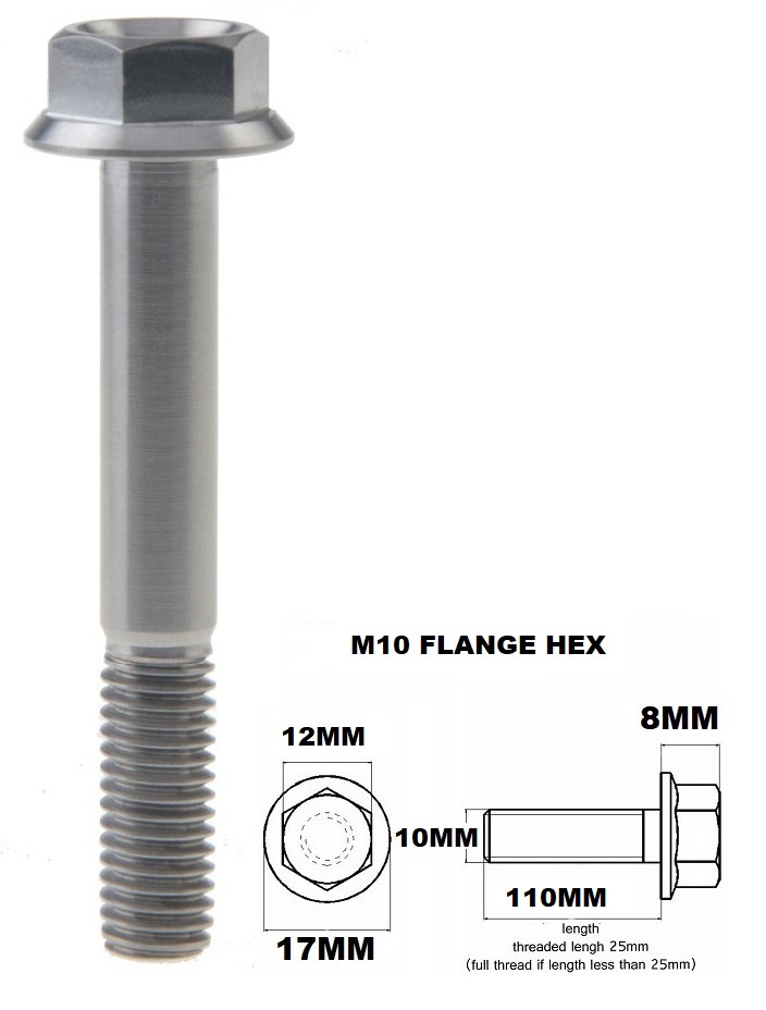 M10X110MM 1.25 THREAD PITCH TITANIUM FLANGE 12MM HEX BOLT GR 5