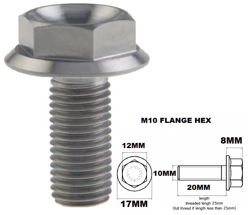 M10X20MM 1.25 THREAD PITCH TITANIUM FLANGE 12MM HEX BOLT GR 5