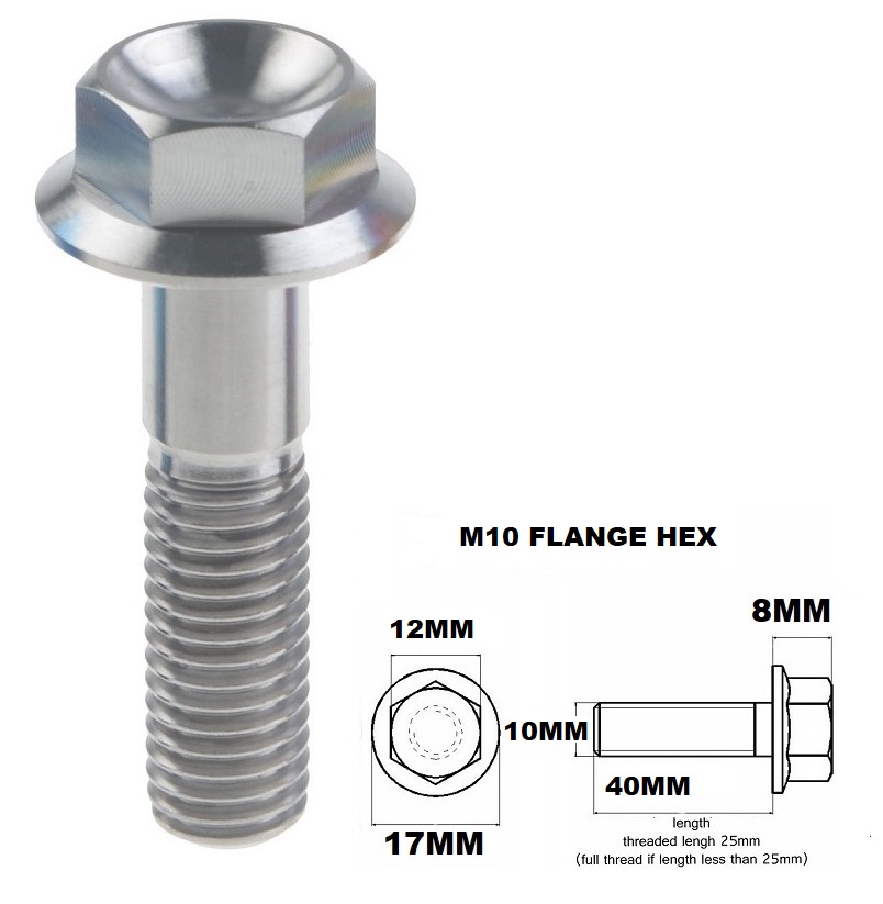 M10X40MM 1.25 THREAD PITCH TITANIUM FLANGE 12MM HEX BOLT GR 5