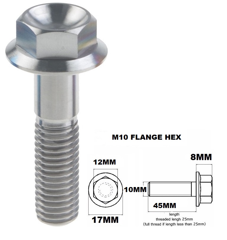 M10X45MM 1.5 THREAD PITCH TITANIUM FLANGE 12MM HEX BOLT GR 5