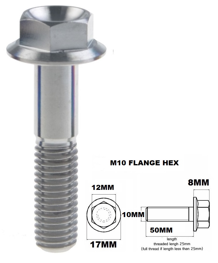 M10X50MM 1.5 THREAD PITCH TITANIUM FLANGE 12MM HEX BOLT GR 5