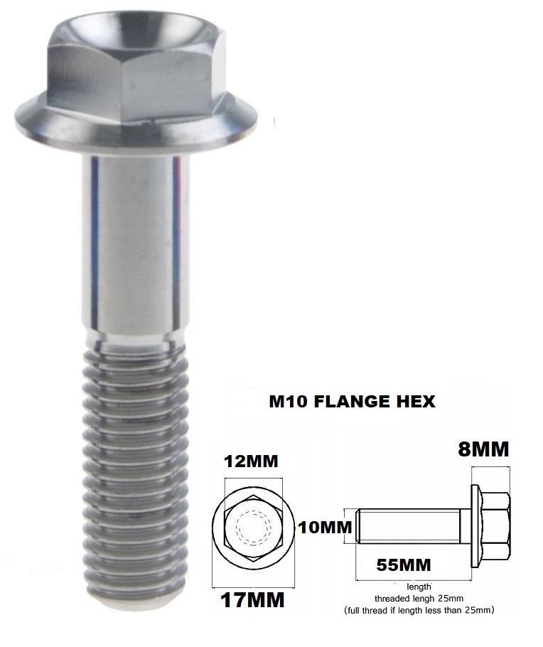 M10X55MM 1.25 THREAD PITCH TITANIUM FLANGE 12MM HEX BOLT GR 5