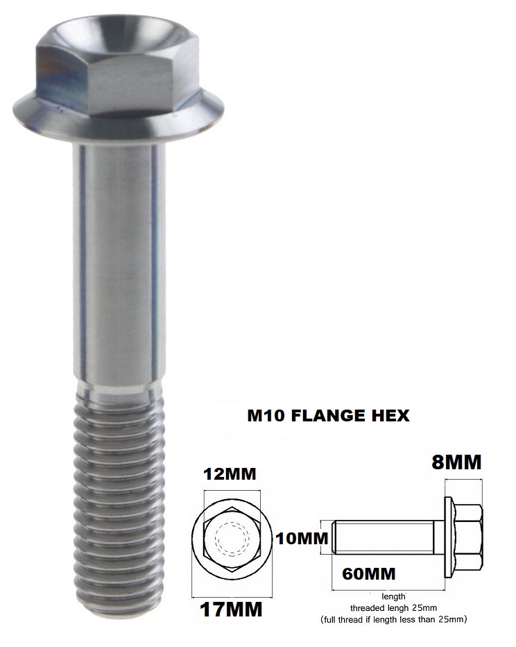 M10X60MM 1.25 THREAD PITCH TITANIUM FLANGE 12MM HEX BOLT GR 5