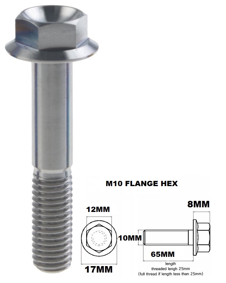 M10X65MM 1.25 THREAD PITCH TITANIUM FLANGE 12MM HEX BOLT GR 5