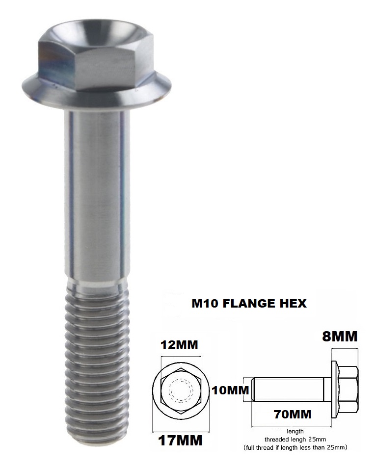 M10X70MM 1.25 THREAD PITCH TITANIUM FLANGE 12MM HEX BOLT GR 5