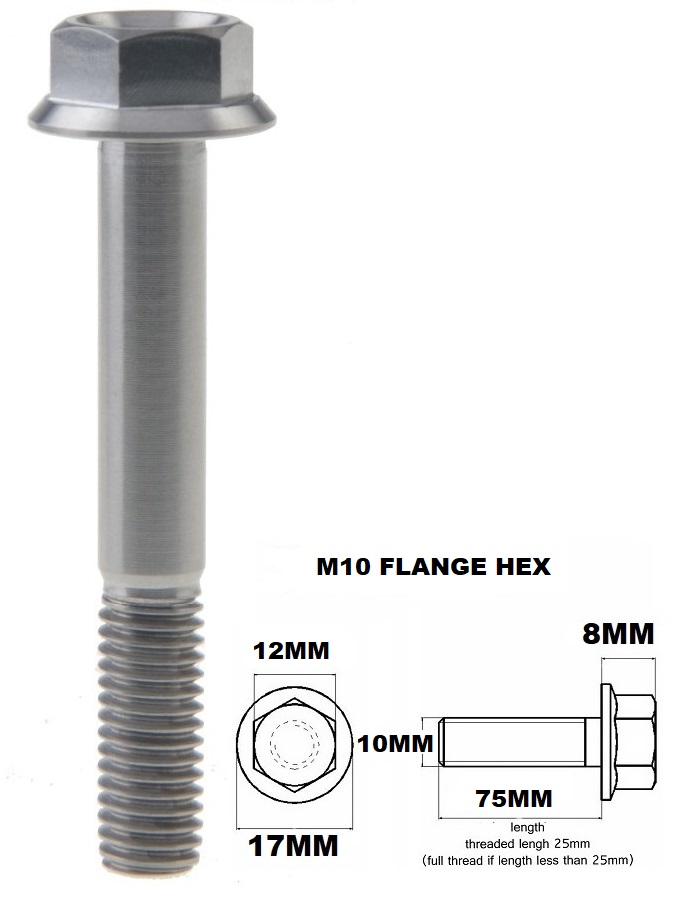 M10X75MM 1.25 THREAD PITCH TITANIUM FLANGE 12MM HEX BOLT GR 5