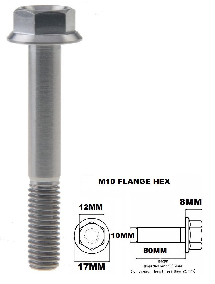 M10X80MM 1.25 THREAD PITCH TITANIUM FLANGE 12MM HEX BOLT GR 5