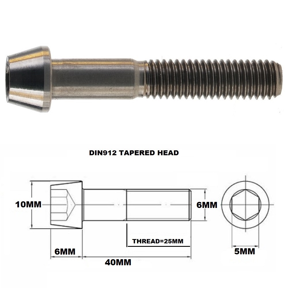 M6X40MM 1.00 THREAD PITCH TITANIUM TAPERED SOCKET HEAD BOLT