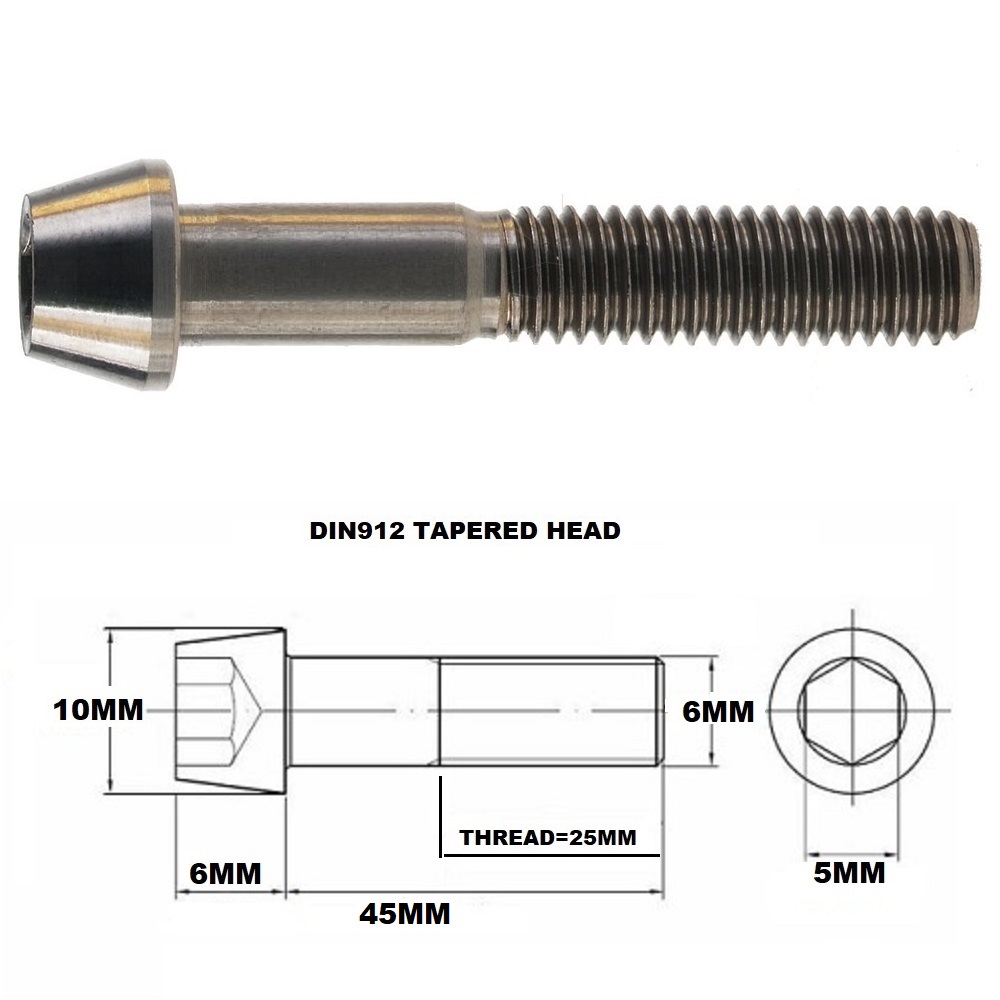 M6X45MM 1.00 THREAD PITCH TITANIUM TAPERED SOCKET HEAD BOLT