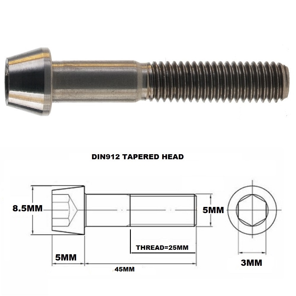 M5X45MM .8 THREAD PITCH TITANIUM TAPERED HEAD BOLT GRADE 5