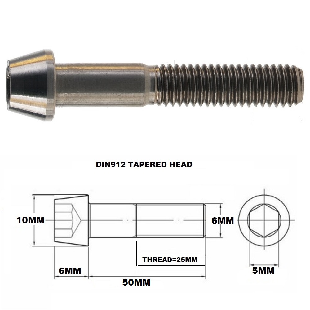 M6X50MM 1.00 THREAD PITCH TITANIUM TAPERED SOCKET HEAD BOLT