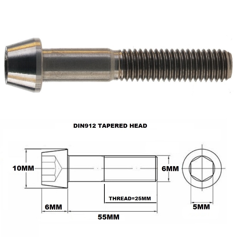 M6X55MM 1.00 THREAD PITCH TITANIUM TAPERED SOCKET HEAD BOLT