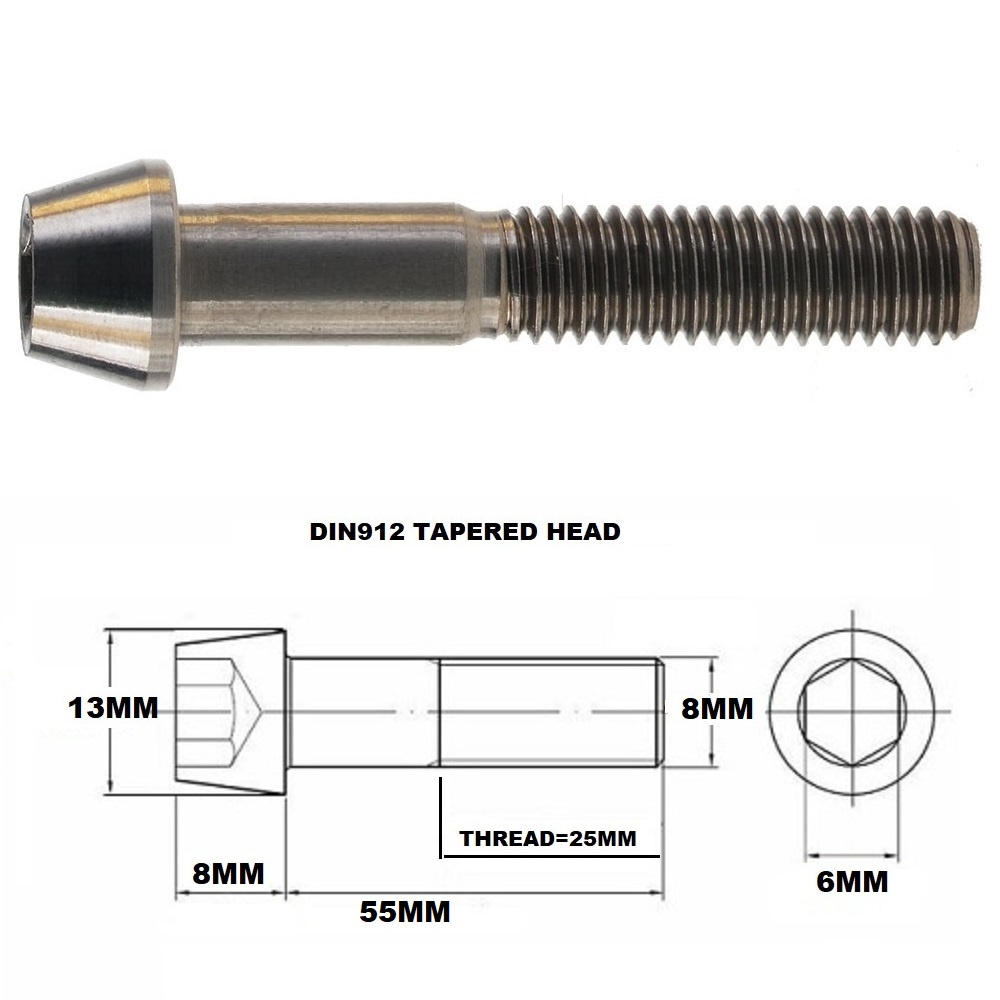 M8X55MM 1.25 THREAD PITCH TITANIUM TAPERED SOCKET HEAD BOLT