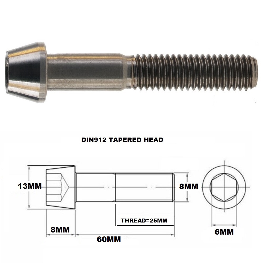 M8X60MM 1.25 THREAD PITCH TITANIUM TAPERED SOCKET HEAD BOLT